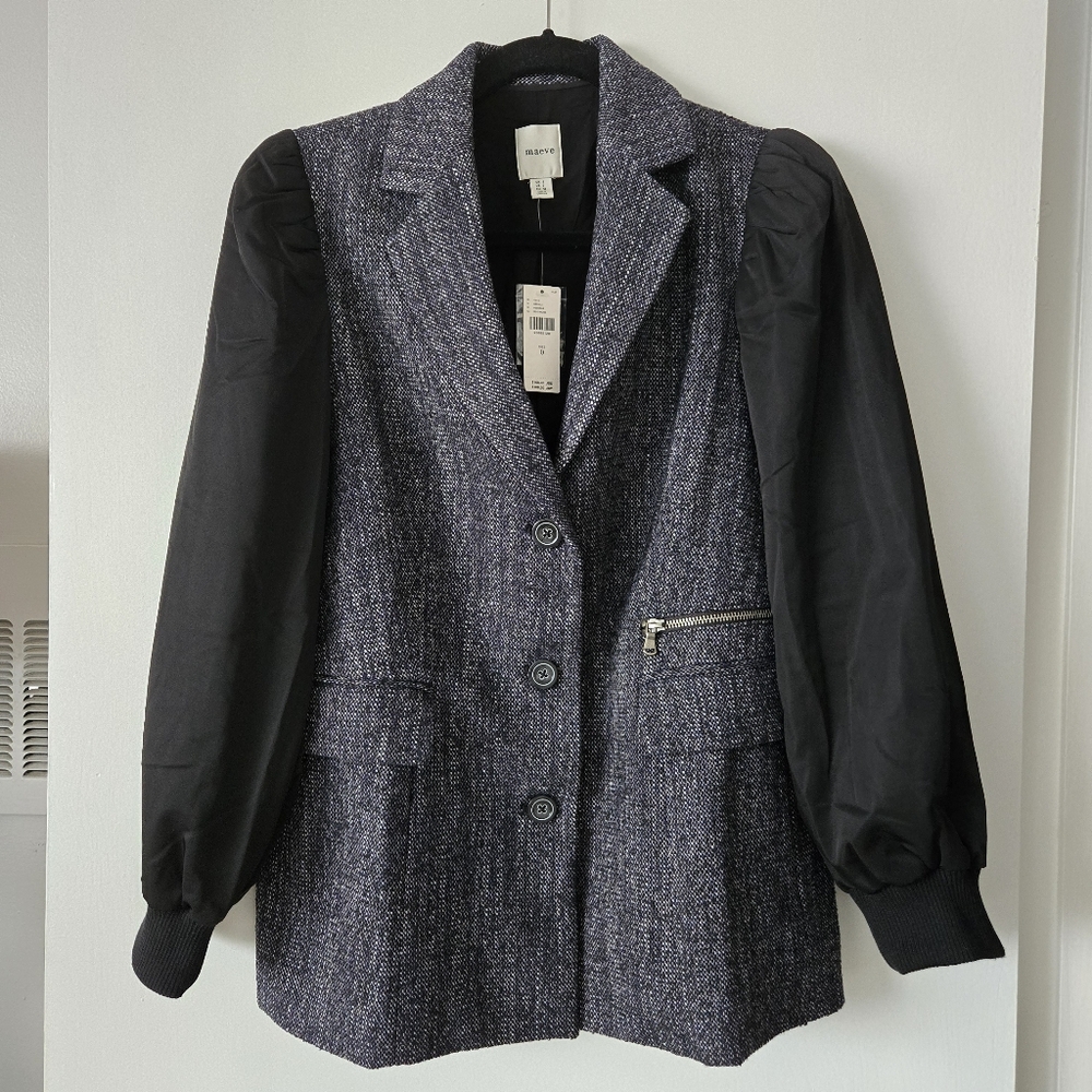 NWT Anthropologie x Maeve Black Bomber Sleeve Tweed Blazer